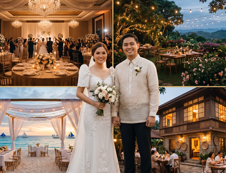 Collage of four Filipino wedding reception venues featuring a hotel ballroom, Tagaytay garden, Boracay beachfront, and heritage ancestral house with a Filipino couple at the center