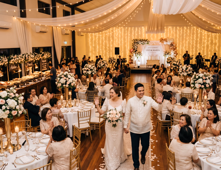 Filipino bride and groom walking through a spacious wedding function hall with round banquet tables, gold chiavari chairs, tall floral centerpieces, and string lights overhead