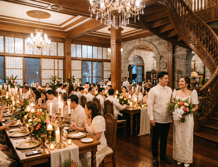 Filipino bride in modern terno and groom in barong tagalog standing by a grand wooden staircase inside a Spanish-Filipino heritage house with capiz windows and candlelit banquet tables