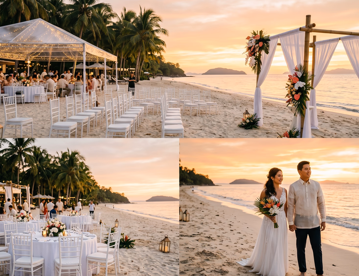 Filipino couple at a beachfront wedding reception with white tiffany chairs on the sand, a bamboo draped arch, and round dinner tables under a clear tent at golden-hour sunset