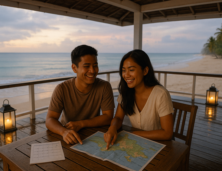 Young Filipino couple under a covered seaside veranda during a rain break lanterns glowing and travel notes on the table