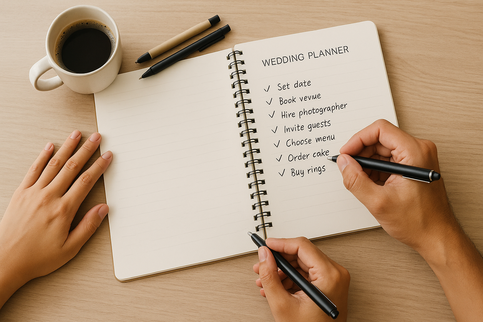 Couple planning their wedding together at a table with a notebook, pens, and coffee