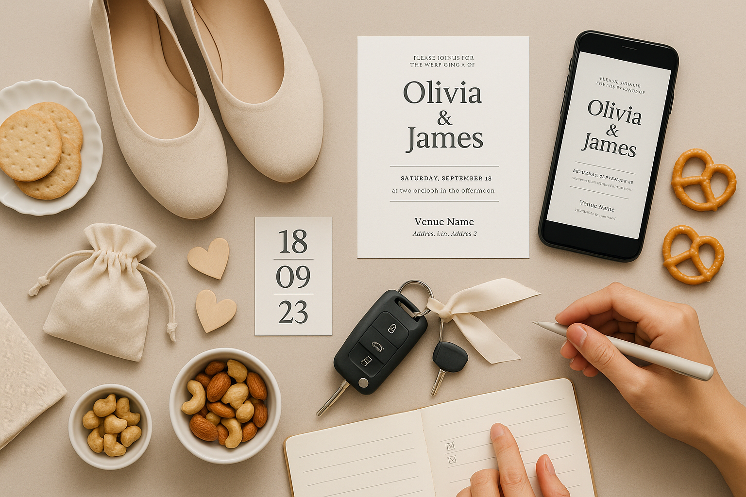 Wedding budget-friendly details including shoes, invitations, snacks, small gifts, and a car key with ribbon