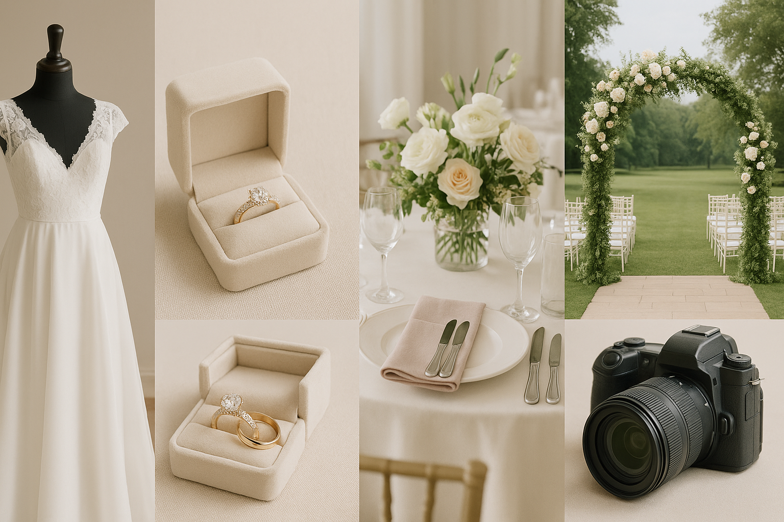 Elegant wedding gown, rings, set table, venue floral arch, and camera representing major wedding investments