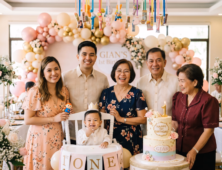 A Filipino baby celebrates their first birthday in a high chair with a pastel cake, surrounded by smiling parents and grandparents in a function hall.