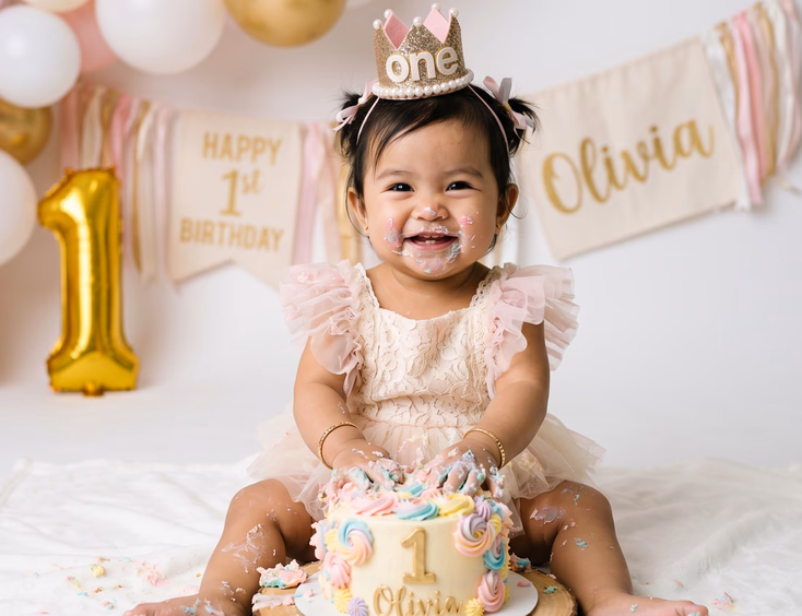 A joyful Filipino baby in a cake smash outfit enjoys their first birthday studio photoshoot, covered in frosting from a pastel buttercream cake.