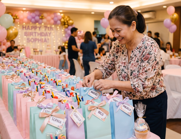 A Filipino tita carefully arranges themed pastel loot bags filled with toys and treats on a long table for a child's birthday party celebration.