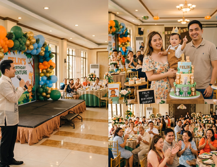 A Filipino emcee leads a lively first birthday program on a styled stage, with the parents, baby, and clapping guests in a function hall.