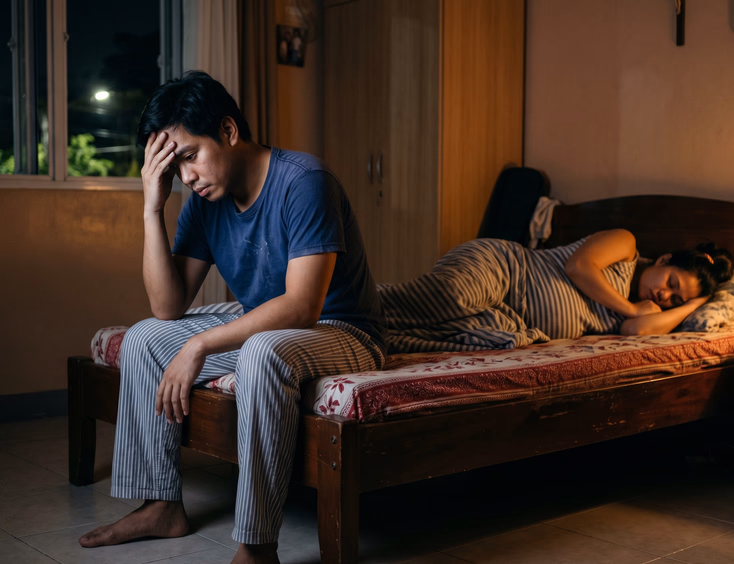 A worried young Filipino father sits on the edge of his bed at night, hand on forehead, as his pregnant wife sleeps soundly in the dim background.