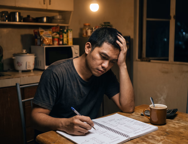 A pensive young Filipino father sits alone at a kitchen table late at night with a notebook of figures, reflecting on new family responsibilities.