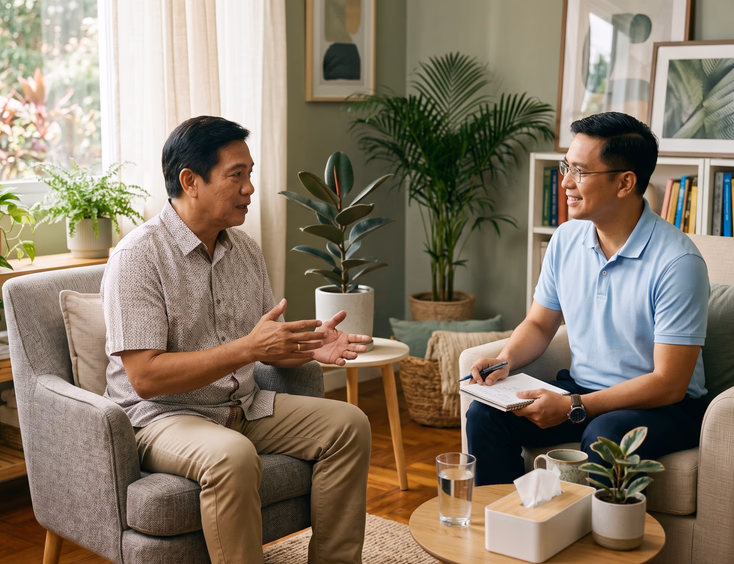 A Filipino father talks openly with a calm male counselor in a bright, supportive consultation room with plants, discussing fatherhood stress.