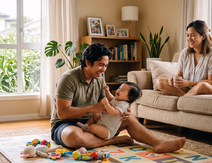 A relaxed Filipino father plays happily with his baby on a living room floor mat while his wife smiles warmly nearby in their sunlit home.