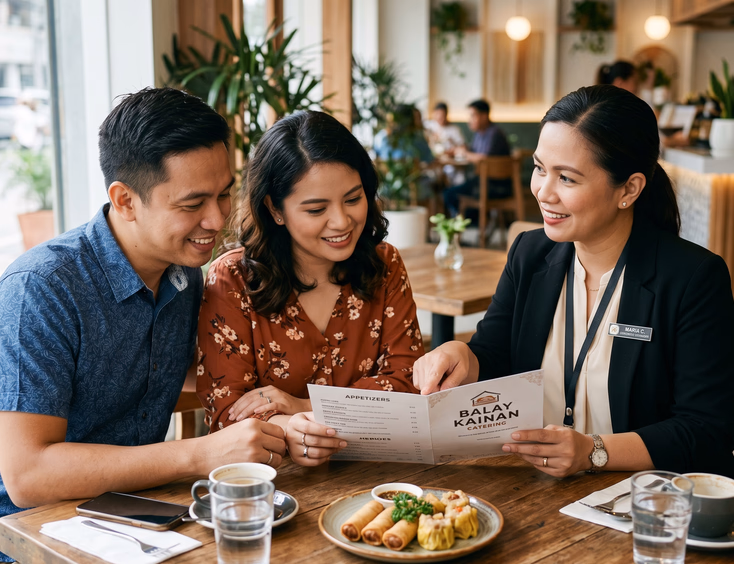 Filipino couple in their early 30s reviewing a printed catering menu with a Filipino catering manager pointing at line items beside a tasting plate of Filipino appetizers in a clean modern restaurant interior