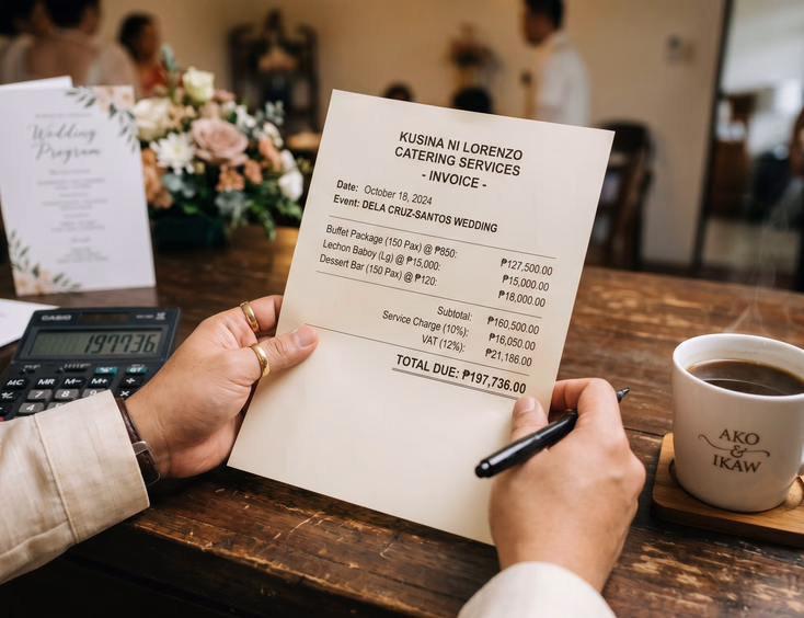 Close-up of a Filipino groom's hands holding a printed catering invoice with itemized peso amounts and percentages beside a calculator, pen, and coffee cup on a wooden desk