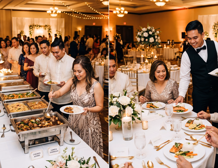 Split composition comparing a Filipino wedding buffet line with chafing dishes and guests on the left and a waiter in a black vest serving a plated dinner to a seated guest on the right in a banquet hall