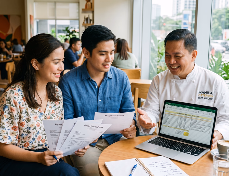 Filipino bride and groom comparing printed catering quotes with a Filipino caterer in a chef coat gesturing toward a spreadsheet on a laptop at a modern café table with handwritten notes nearby