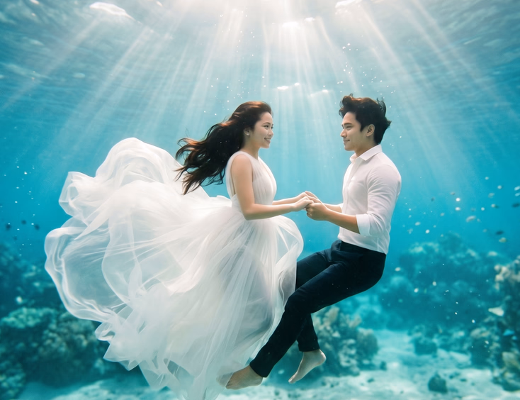 Filipino couple floating underwater in clear turquoise ocean water for a dreamlike prenup shoot.