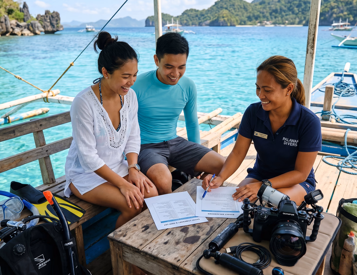 Filipino couple on a wooden bangka boat reviewing an underwater prenup shoot itinerary with their coordinator.