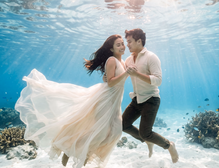 Filipino couple floating in a clear lagoon showcasing elegant underwater prenup shoot wardrobe.