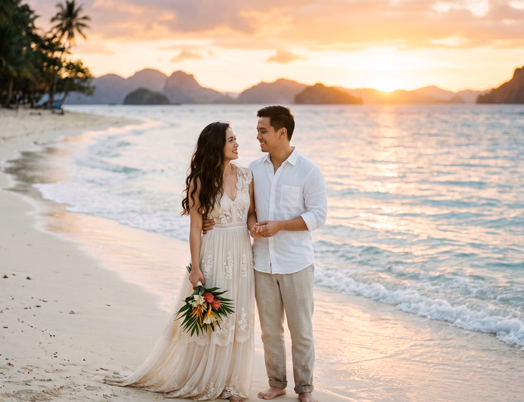 Filipino couple posing on a white-sand beach at golden hour for a traditional surface prenup shoot.