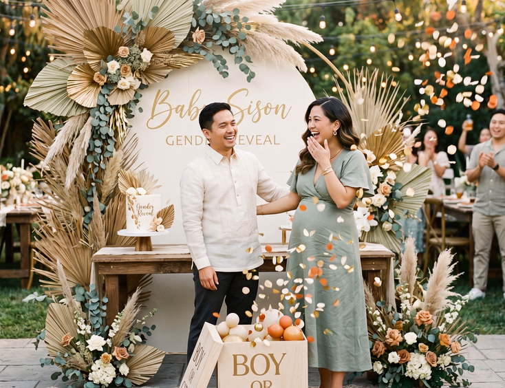 A happy Filipino couple celebrates at a stylish, modern gender reveal party featuring elegant sage green, gold, and dried palm decor.