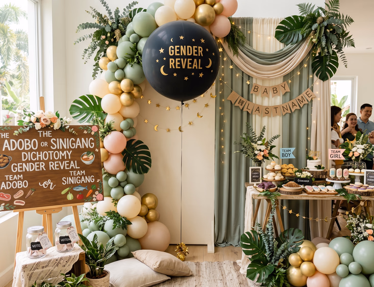 A creative Filipino party setup displays unique gender reveal ideas like Adobo or Sinigang signs against a neutral sage backdrop.