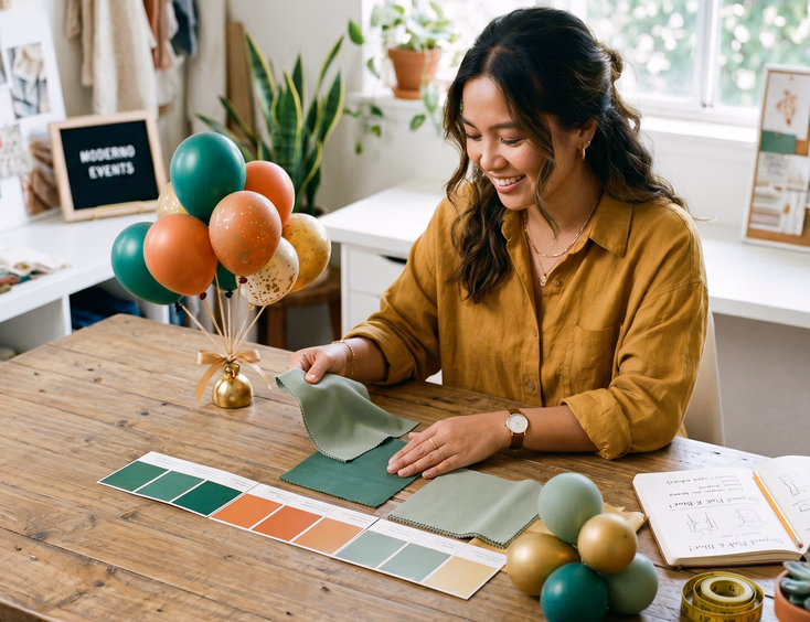 A Filipino stylist selects a unique gender reveal color palette featuring emerald, burnt orange, sage, and gold in a design studio.