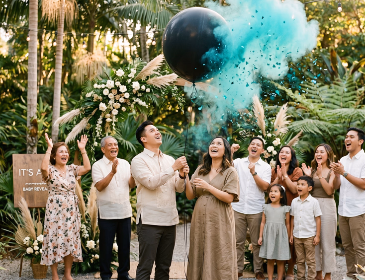 A Filipino couple releases a single bold-colored reveal balloon during a non-traditional gender reveal party surrounded by cheering family.
