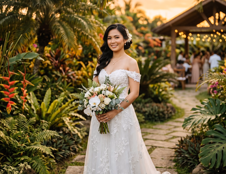 Filipino bride in tropical garden during golden hour wearing white off-shoulder wedding dress with elegant low bun updo on one side and soft loose waves on the other