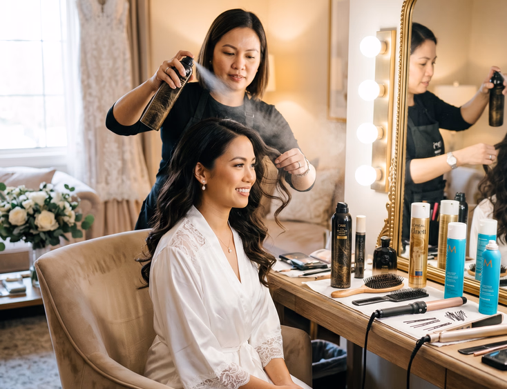 Filipino bride in white robe sitting at vanity mirror with HMUA applying texturizing spray to her soft loose wave curls in a warmly lit bridal suite with styling tools visible