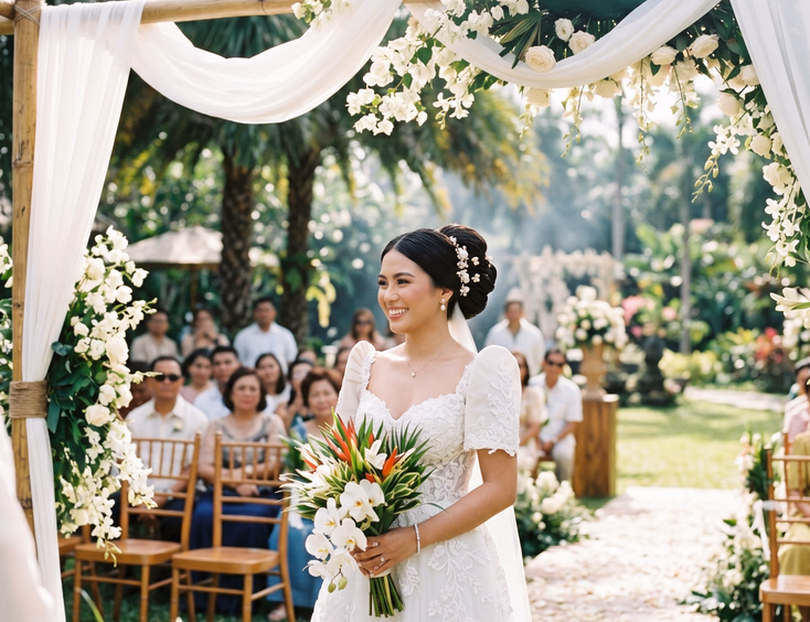 Filipino bride in white wedding dress with pearl-pinned structured updo standing under a garden canopy at an outdoor Philippine wedding ceremony in bright tropical midday light