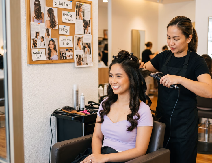 Filipino bride-to-be sitting in a salon chair during a bridal hair trial while her HMUA styles her dark hair into a half-up half-down look with a hairstyle mood board on the wall behind them