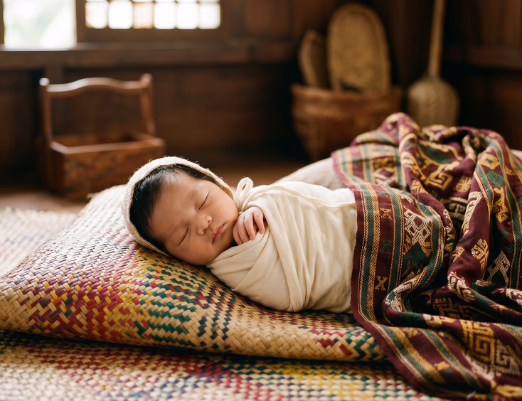 A Filipino newborn is nestled comfortably on a traditional handwoven banig mat, with a malong textile draped nearby in gentle light.