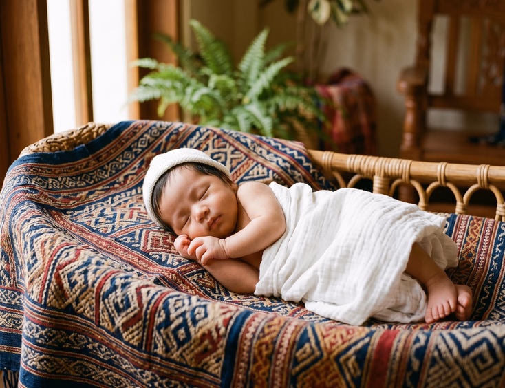 A peaceful Filipino newborn sleeps soundly on a handwoven inabel cloth with rich traditional patterns, highlighted by soft natural daylight.