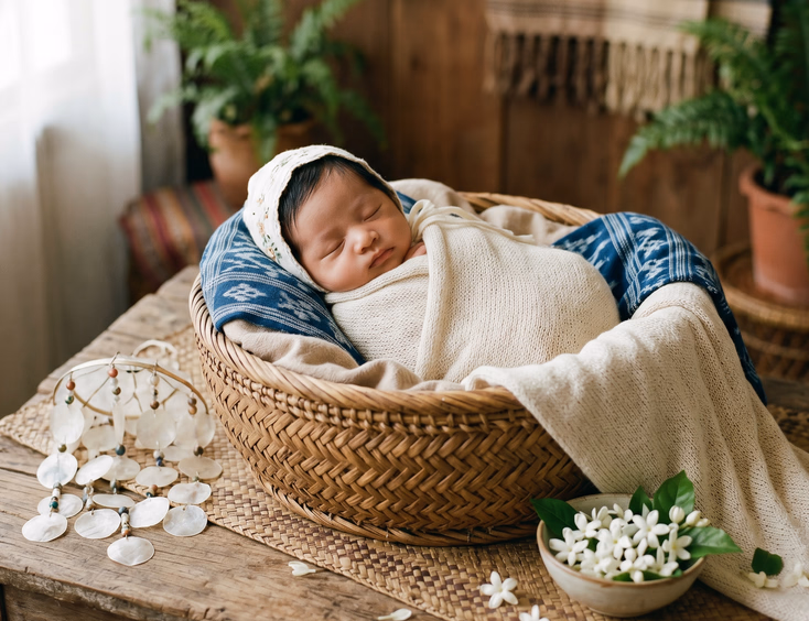 A cute Filipino newborn rests inside a native woven basket lined with a soft blanket, surrounded by sampaguita blooms and capiz details.