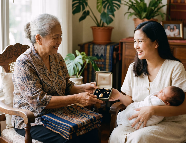 A Filipino grandmother shares a heritage woven cloth and heirloom jewelry with a young mother during a tender, intergenerational moment.