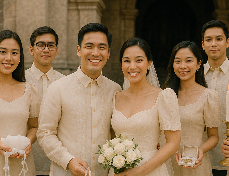 Young Filipino couple with secondary sponsors presenting veil cord candle and coins outside a heritage church after the ceremony