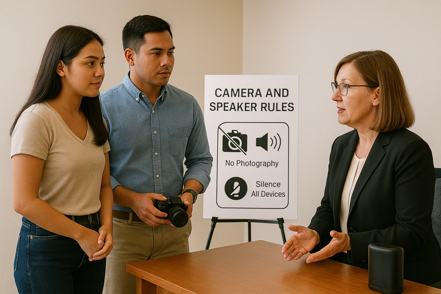 Couple confirming photo and sound rules with an office staff member