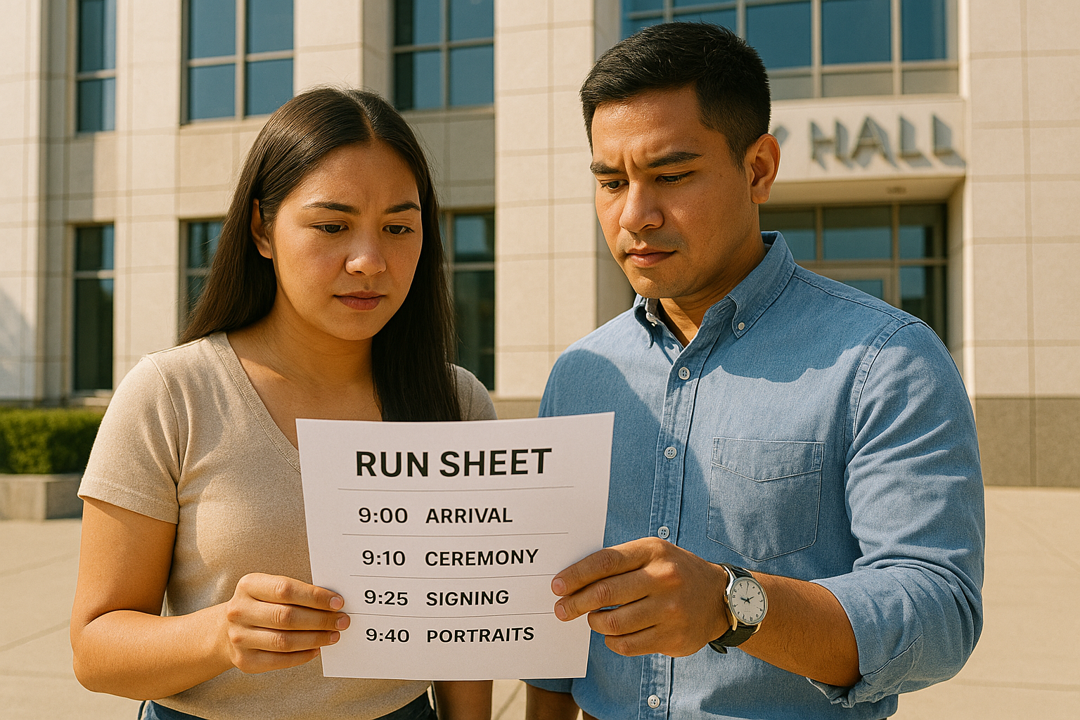 Couple reviewing a printed day of run sheet outside a city hall