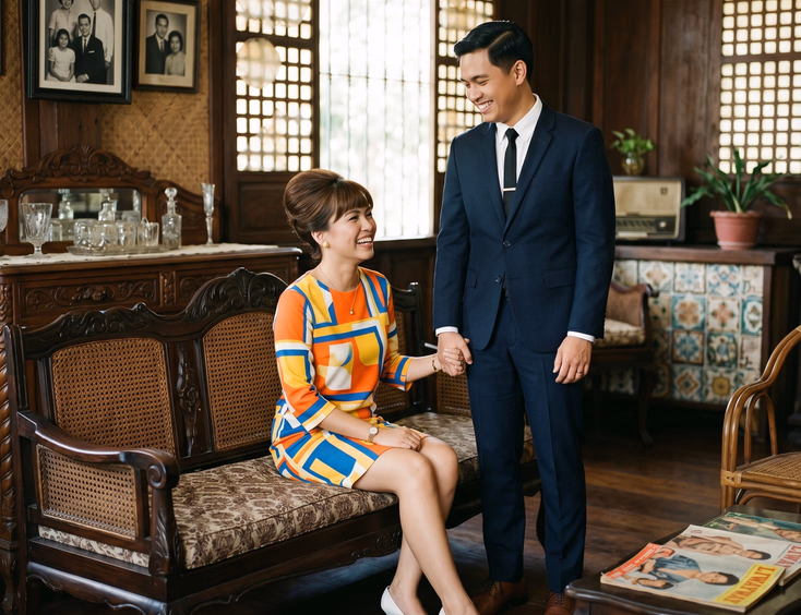 Filipino couple in 1960s mod retro prenup attire inside a vintage heritage home.