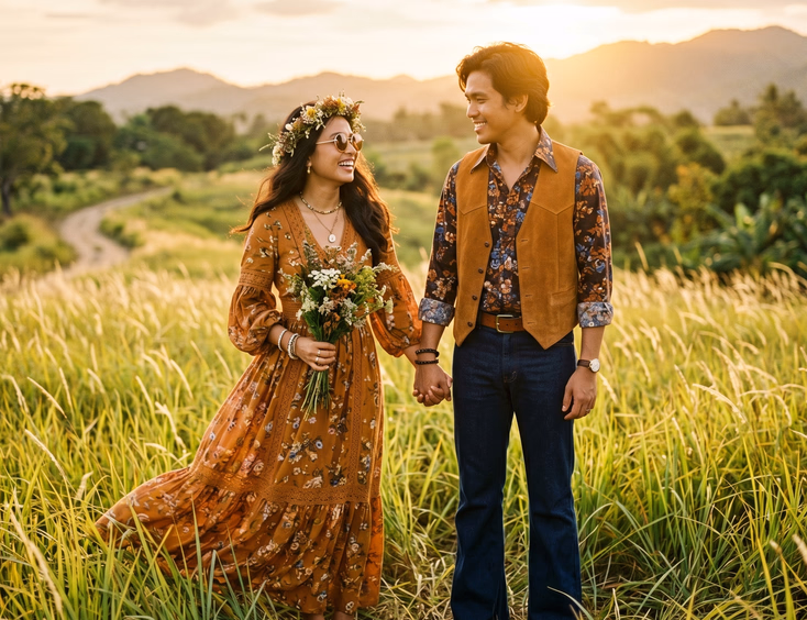 Filipino couple posing in 1970s boho prenup outfits in a sunlit field in the Philippines.