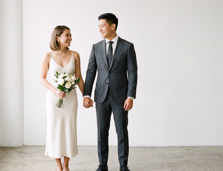 Filipino couple in 1990s minimalist prenup wardrobe in a modern white studio.