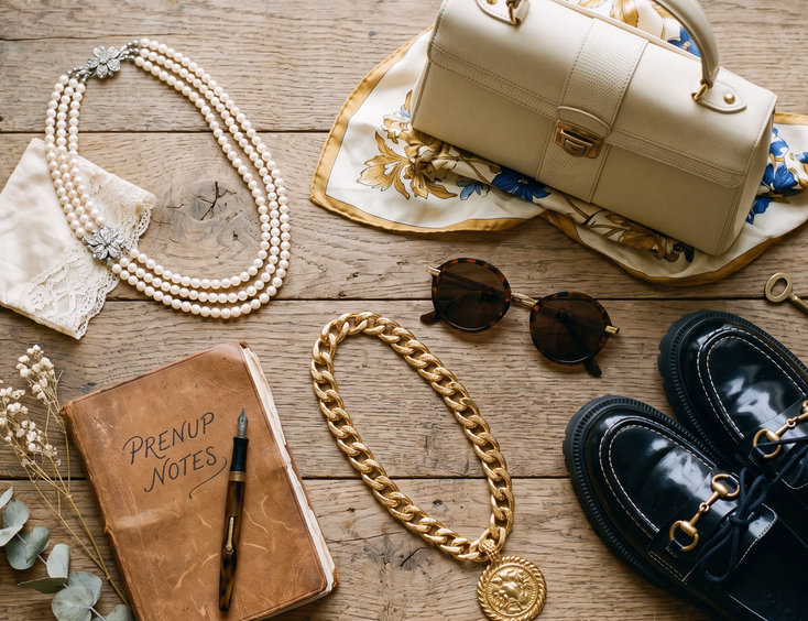 Flat lay arrangement of vintage prenup accessories from different decades on a wooden surface.