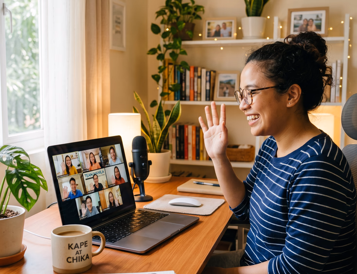 Cheerful Filipino remote worker waving at a laptop screen during a video call with a grid of smiling Filipino colleagues in a home office.