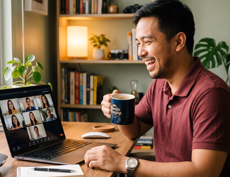 Filipino employee in casual clothes laughs while holding a coffee mug during a virtual meeting video call with colleagues at a home desk.