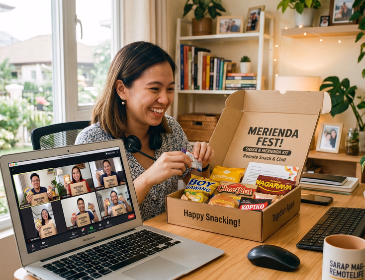 Filipino remote worker unboxing a delivered merienda snack kit at a home desk during a virtual team building session with team colleagues.
