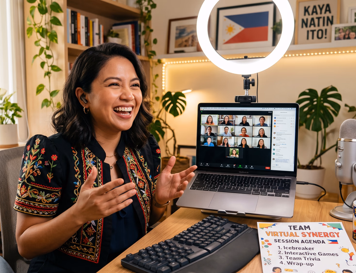 Energetic Filipino host facilitating a virtual team building session from a home office with a laptop camera, agenda, and a ring light.