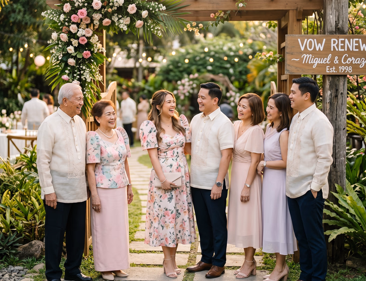 Filipino guests in modern Filipiniana and barong tagalogs at a garden vow renewal venue entrance.