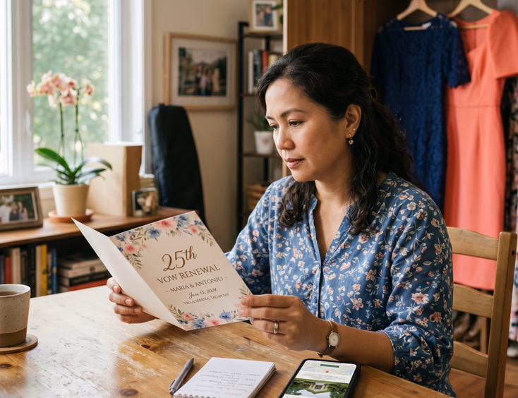 Filipina woman reviewing a vow renewal invitation and event details on her phone at home.