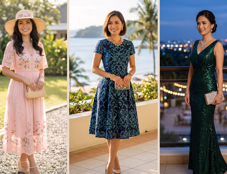 Three Filipino women showcasing different vow renewal guest dress options for morning, afternoon, and evening.